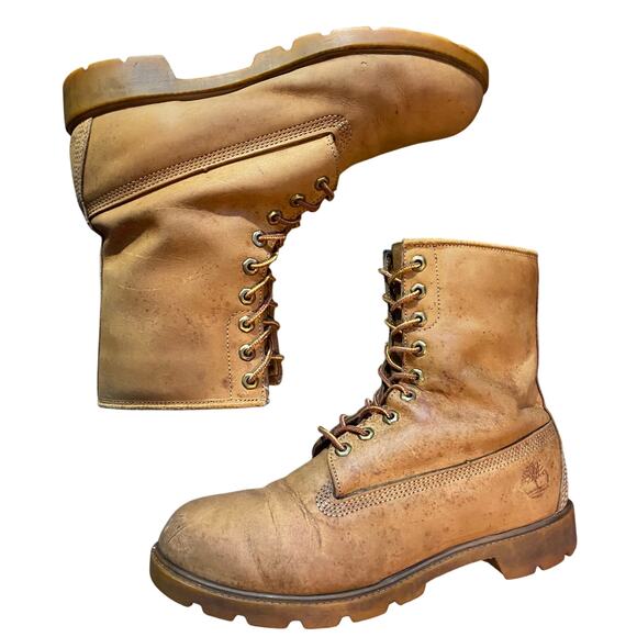 Timberlands Lace Up Combat Boots Men Sz 14 Tan Leather Made in USA Vintage Y2K - Picture 2 of 10